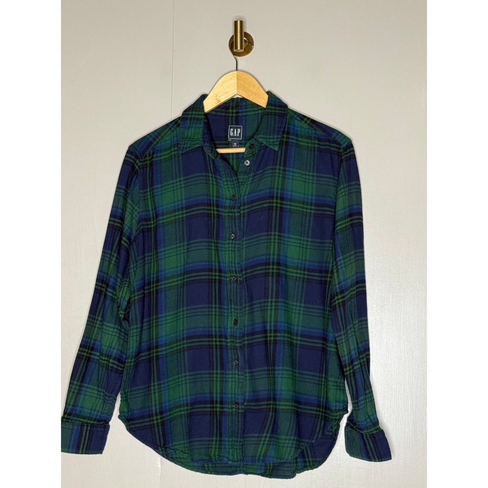 GAP Green Navy Plaid Flannel Button Front Shirt Cotton Size Medium